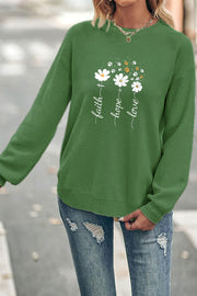 Fiath Hope Love Daisy Design Crew Neck Waffle Pullover Jumper Sweater