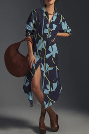 Staggered Blue Print Casual Long Shirt Dress