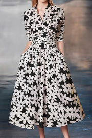 Black And White Flowers Print Waist-cinching Umbrella Hem Maxi Dress