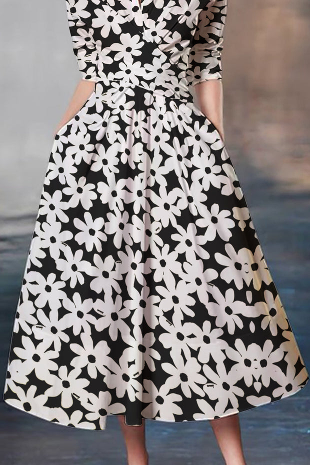Black And White Flowers Print Waist-cinching Umbrella Hem Maxi Dress