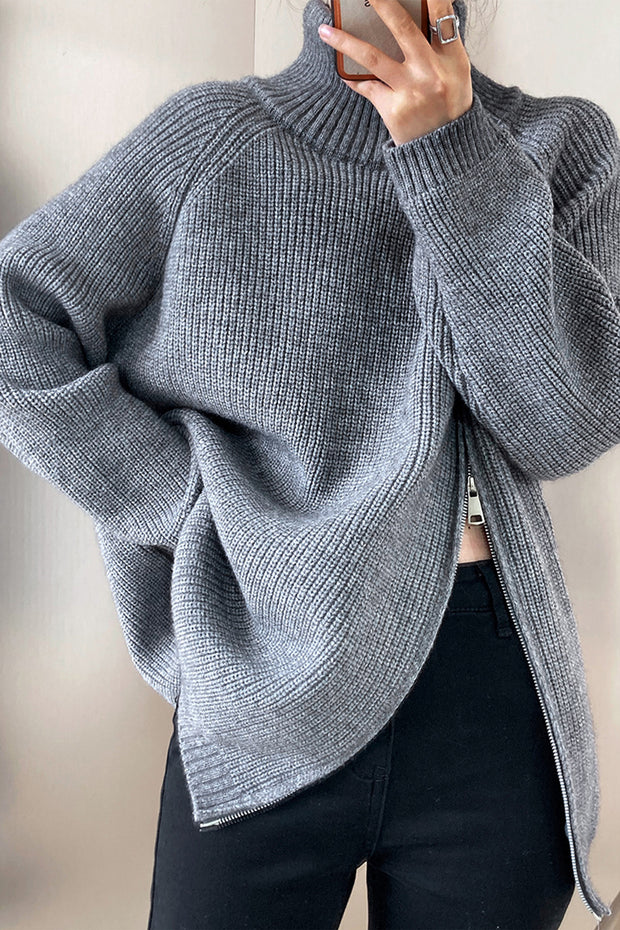Double Slanted Zipper Slit Turtleneck Sweater-Grey