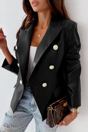 Long Sleeve Double Breasted PU Leather Blazer