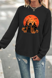 Black Cats Pumpkin Halloween Crew Neck Waffle Pullover Jumper Sweater