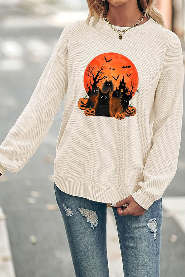 Black Cats Pumpkin Halloween Crew Neck Waffle Pullover Jumper Sweater