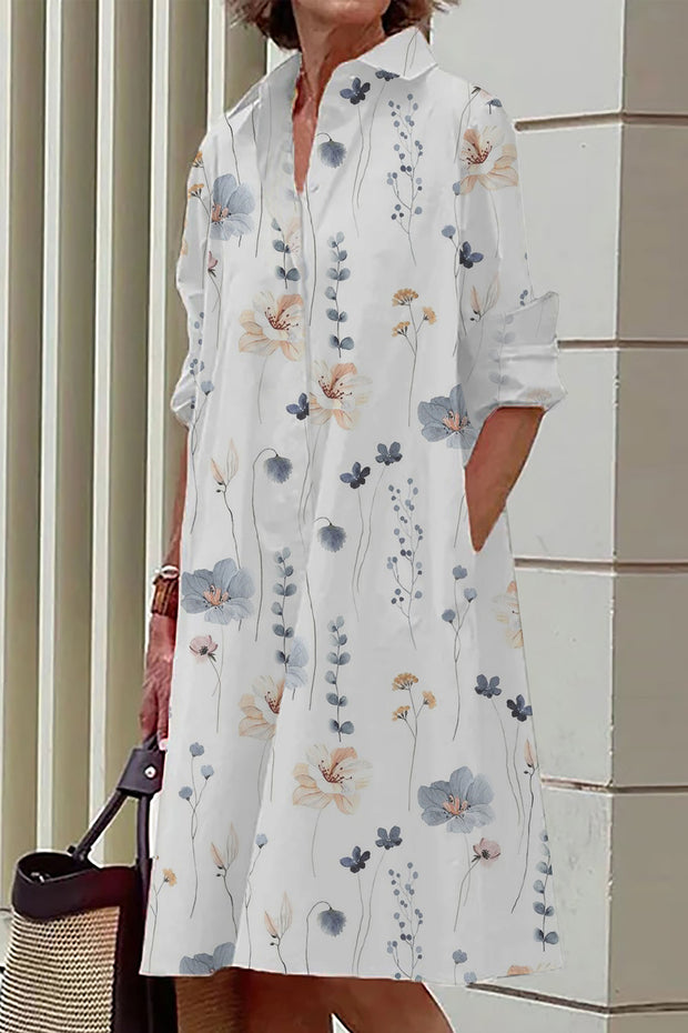 Small Fresh Flower Print Casual Mid-Length Shirt Dress