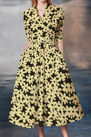Black And Yellow Flowers Print Waist-cinching Umbrella Hem Maxi Dress