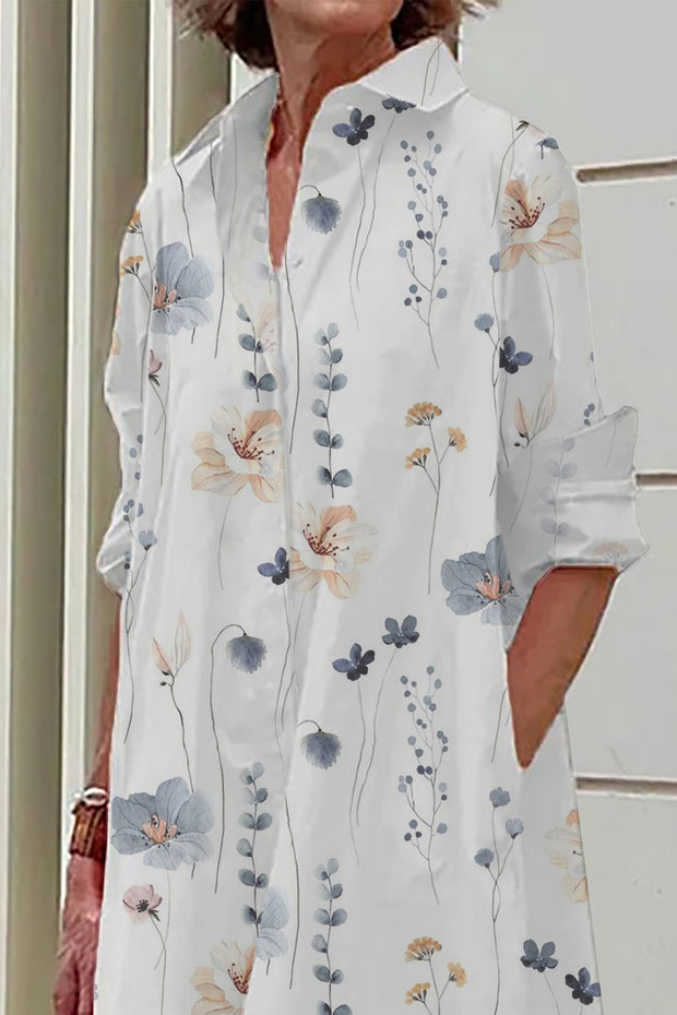 Small Fresh Flower Print Casual Mid-Length Shirt Dress