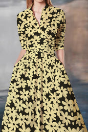 Black And Yellow Flowers Print Waist-cinching Umbrella Hem Maxi Dress