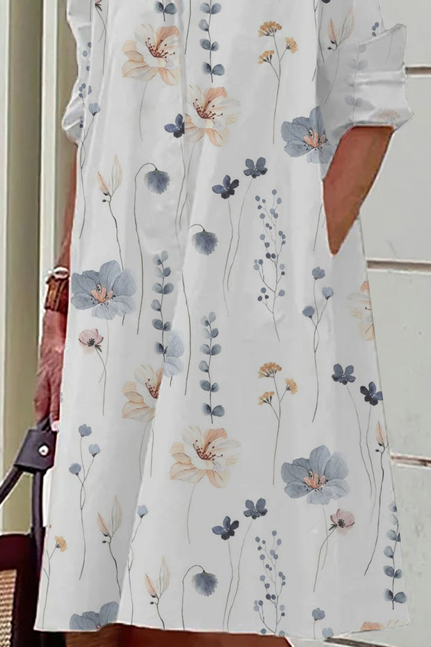 Small Fresh Flower Print Casual Mid-Length Shirt Dress