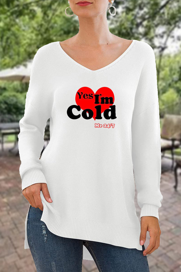 ’YES I'm Cold Heart Design‘ V-Neck Side Split Loose Knit Pullover Sweater