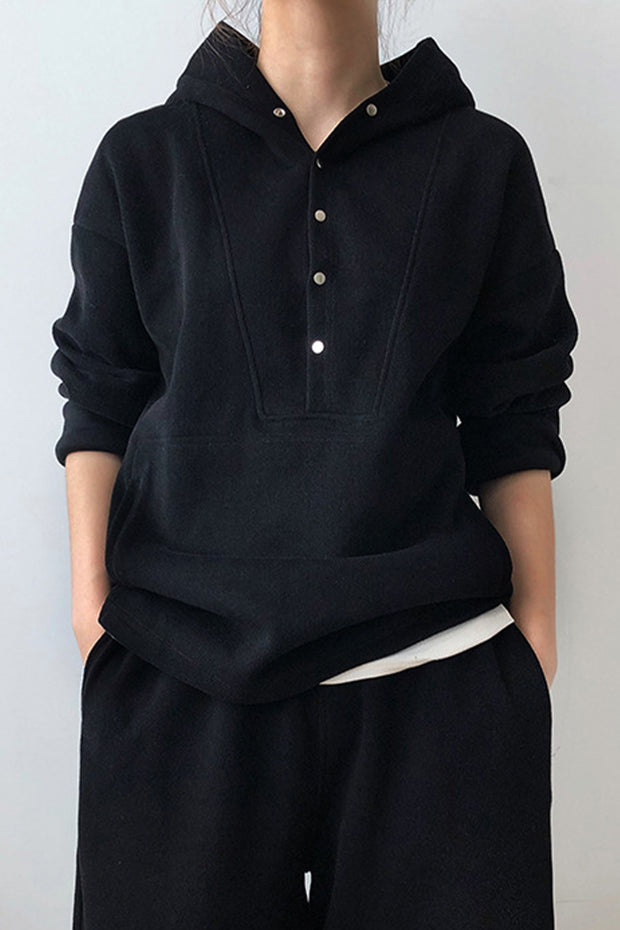 Button Hooded Loose Sweatshirt-Black
