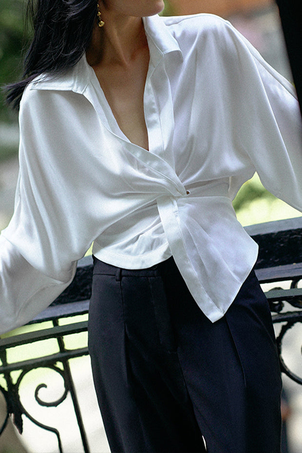 White Unbutton Twist Elastic Waist Satin Shiny Silky Shirt