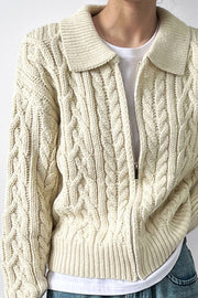 Lapel Zipper Twist Knit Sweater Outerwear