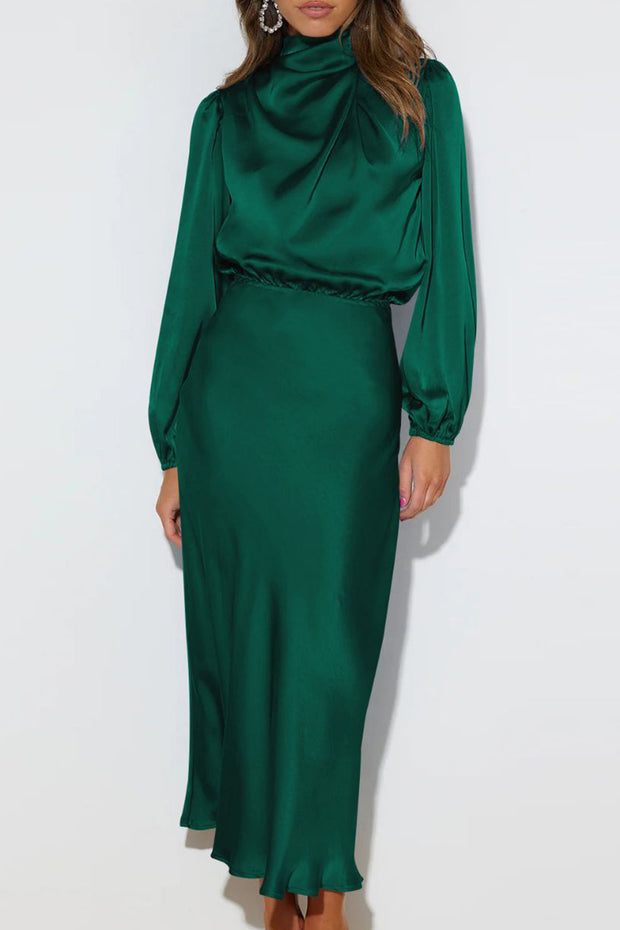 Luxurious Satin High Neck Pleated Elegant Long Sleeve Dress