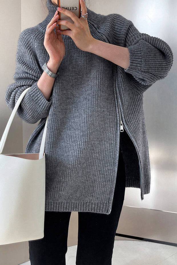 Double Slanted Zipper Slit Turtleneck Sweater-Grey
