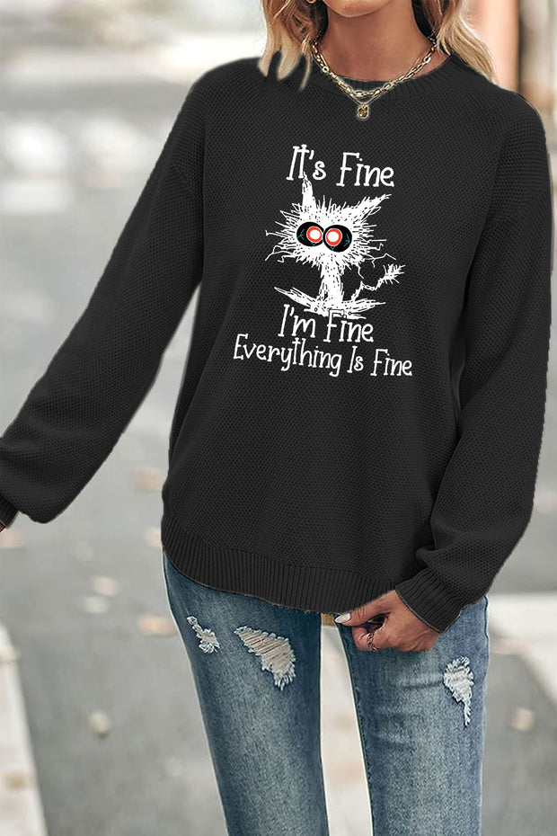 I Am Fine Black Cat Print Crew Neck Waffle Pullover Jumper Sweater