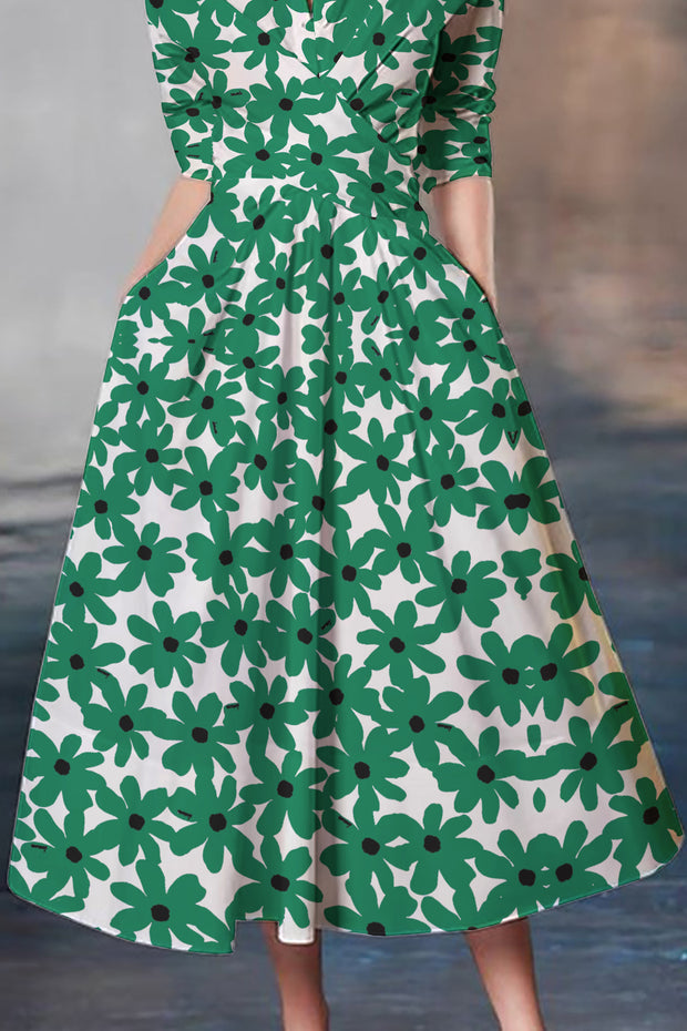 White and Green Flowers Print Waist-cinching Umbrella Hem Maxi Dress