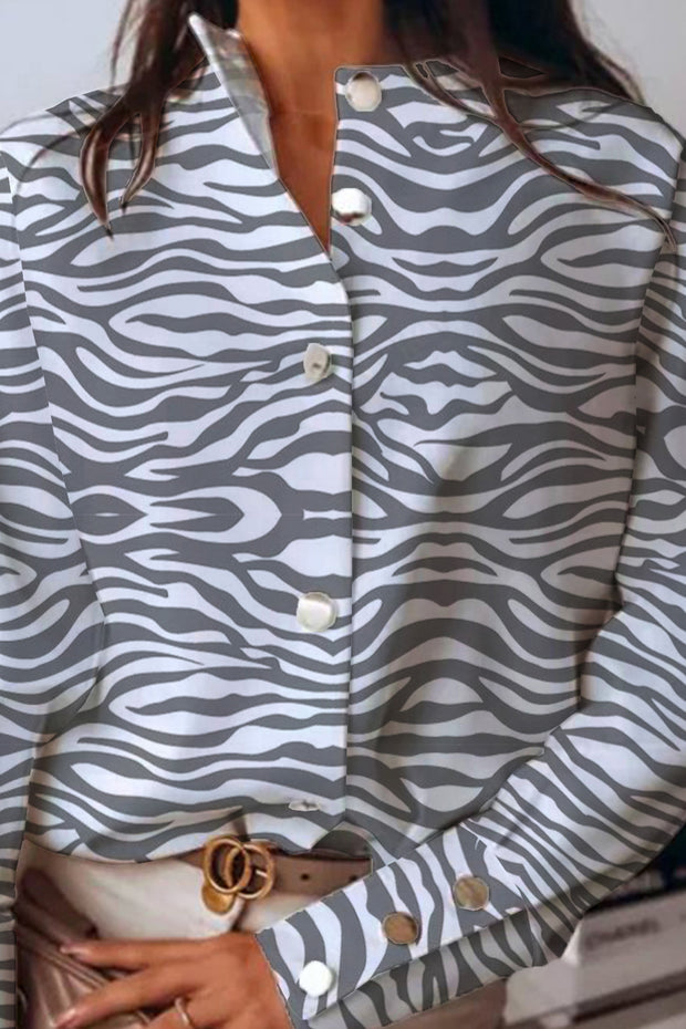 Gray Zebra Print Elegant Long-Sleeved Small High Collar Metal Buttons Shirt