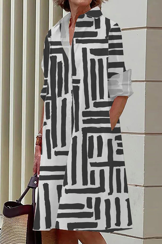 Lrregular Stripe Print Casual Mid-Length Shirt Dress