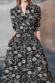 Black Messy Floral Print Waist-cinching Umbrella Hem Maxi Dress