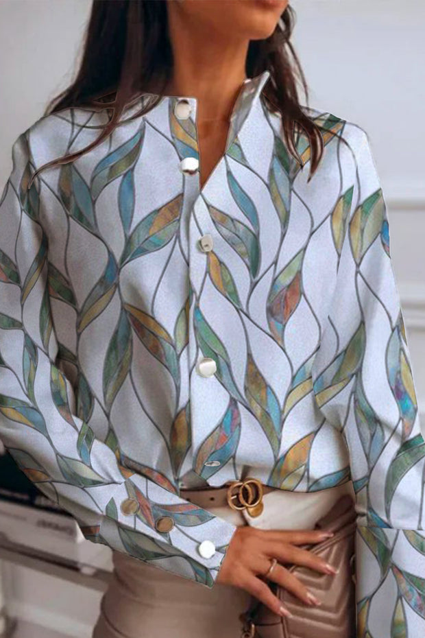 Leaf Print Elegant Long-Sleeved Blouse with Small High Collar and Metal Buttons