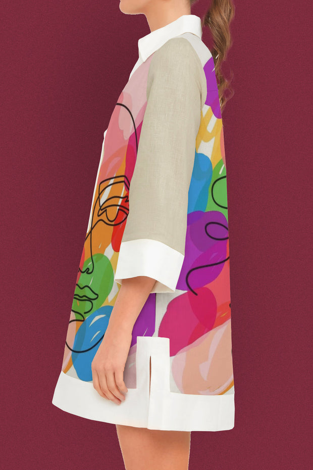 Color Bottom Simple Strokes Print Half-cardigan Shirt Dress