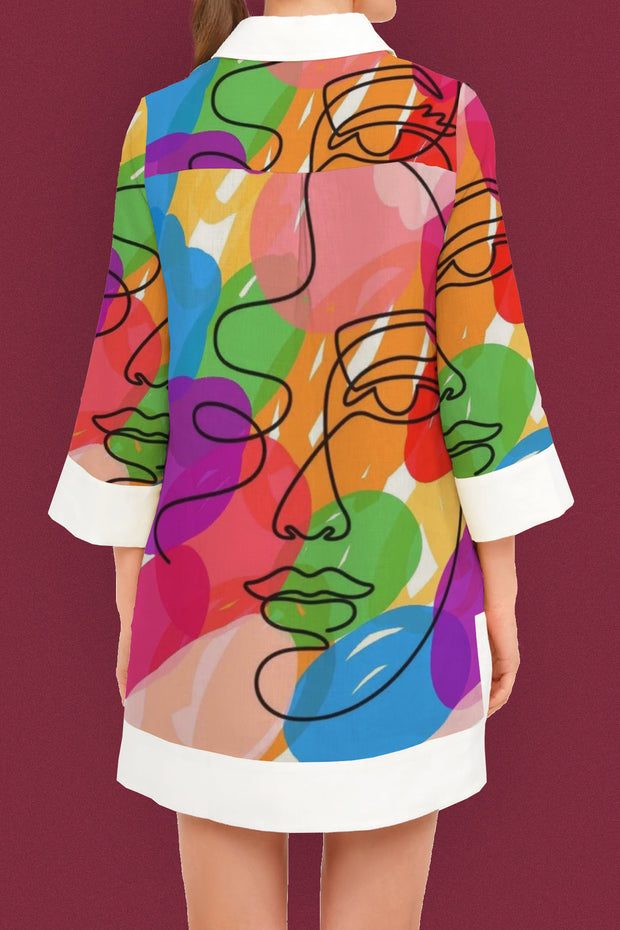 Color Bottom Simple Strokes Print Half-cardigan Shirt Dress