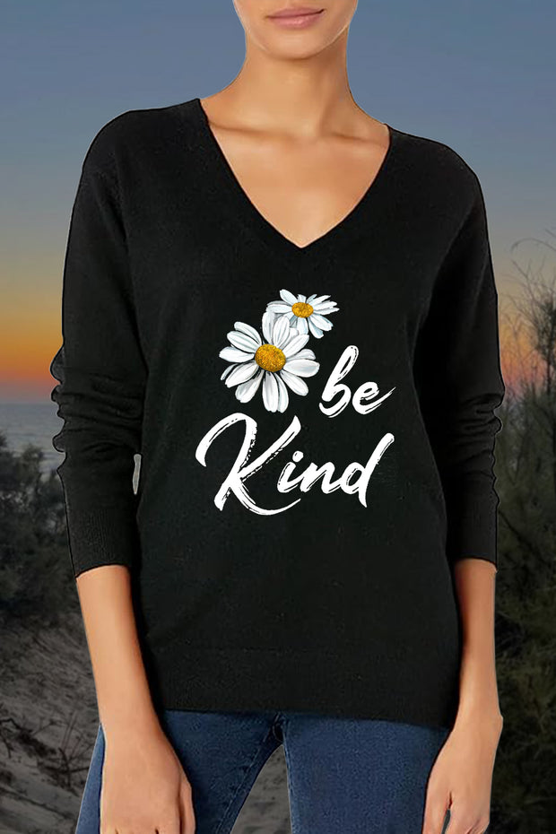 'Daisy be Kind' Print Women's V-Neck Loose Knit Pullover Sweater