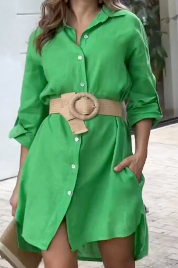 Green 2 Pocket Rolled Shirt Dress
