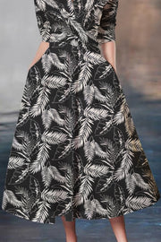 Irregular Palm Leaf Print Waist-cinching Umbrella Hem Maxi Dress-Black