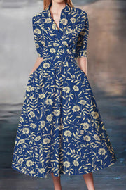 Blue Messy Floral Print Waist-cinching Umbrella Hem Maxi Dress