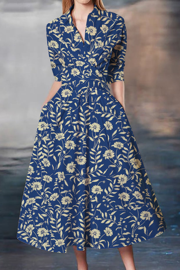 Blue Messy Floral Print Waist-cinching Umbrella Hem Maxi Dress