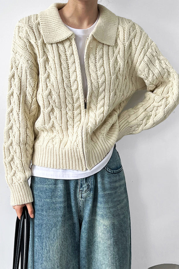 Lapel Zipper Twist Knit Sweater Outerwear
