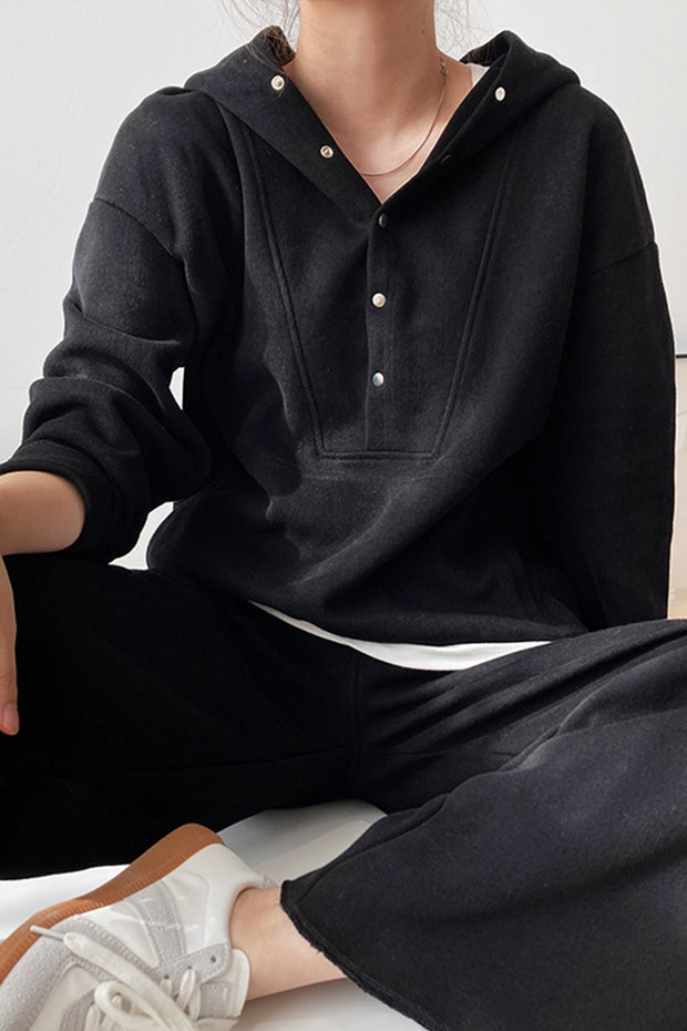 Button Hooded Loose Sweatshirt-Black
