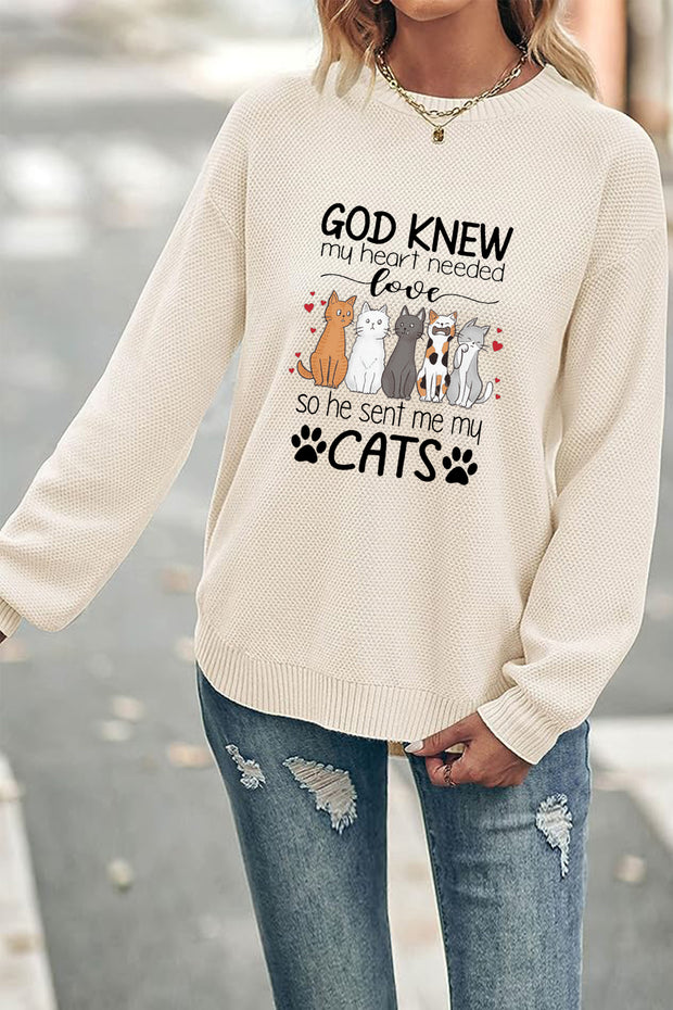God knew my heart needed love so he sent me my cats' Crew Neck Waffle Pullover Jumper Sweater