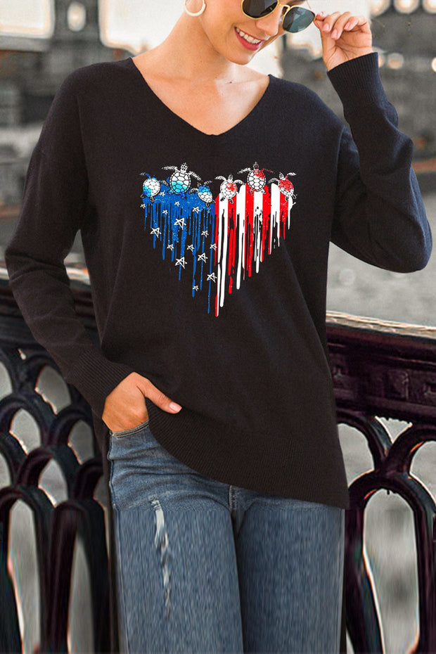 Women's V-Neck Heart Turtle Flag Print Loose Knit Pullover Sweater