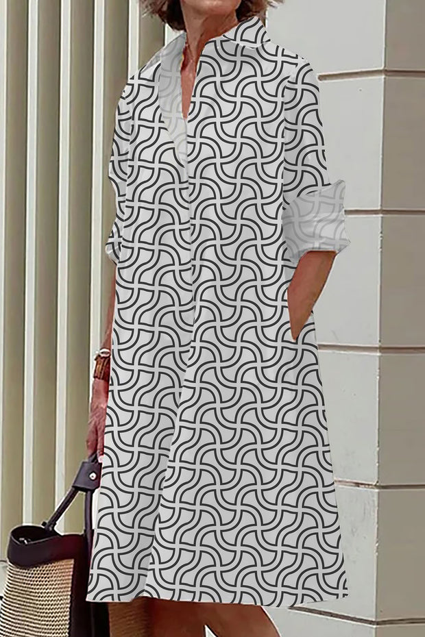 Abstract Curve Print Casual Mid-Length Shirt Dress