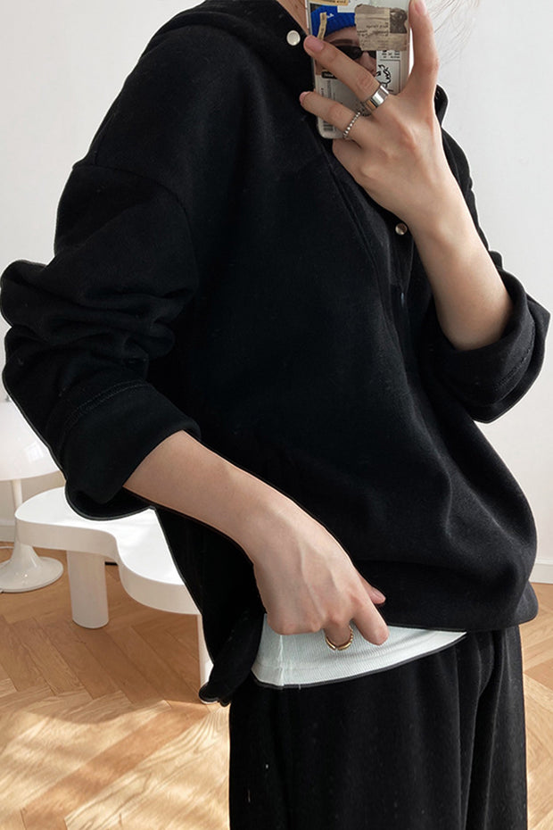 Button Hooded Loose Sweatshirt-Black
