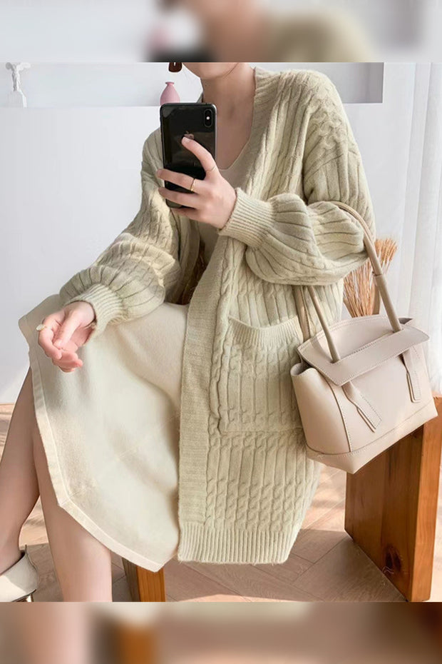 High-Neck Button-Down Long-Sleeve Mid-Length Sweater Coat