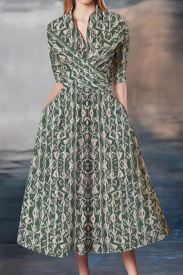 Green Vintage Ethnic Print Waist-cinching Umbrella Hem Maxi Dress