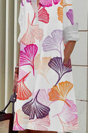 Colorful Ginkgo Biloba Print Casual Mid-Length Shirt Dress