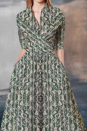 Green Vintage Ethnic Print Waist-cinching Umbrella Hem Maxi Dress
