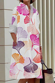 Colorful Ginkgo Biloba Print Casual Mid-Length Shirt Dress