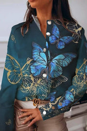 Noble Dark Butterfly Print Elegant Long-Sleeved Blouse with Small High Collar and Metal Buttons