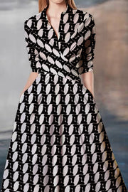 Regular heart pattern Print Waist-cinching Umbrella Hem Maxi Dress