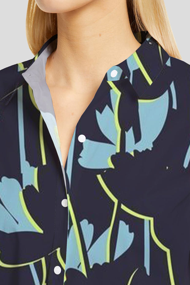 Staggered Blue Print Comfortable Casual Long Sleeve Front Shoulder Shirt