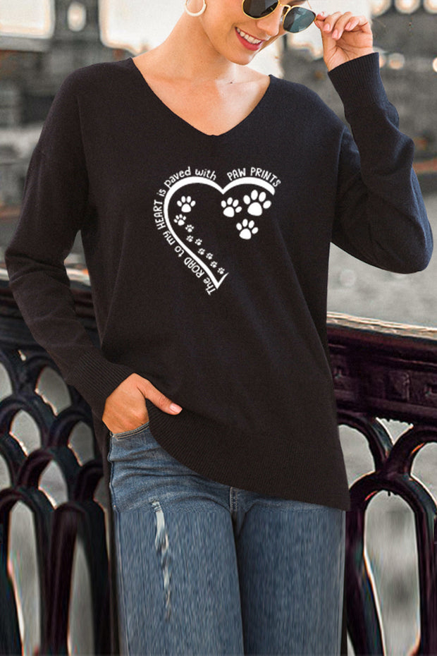 ’The Road to my Heart is Paved with Paw Prints‘ V-Neck Side Split Loose Knit Pullover Sweater