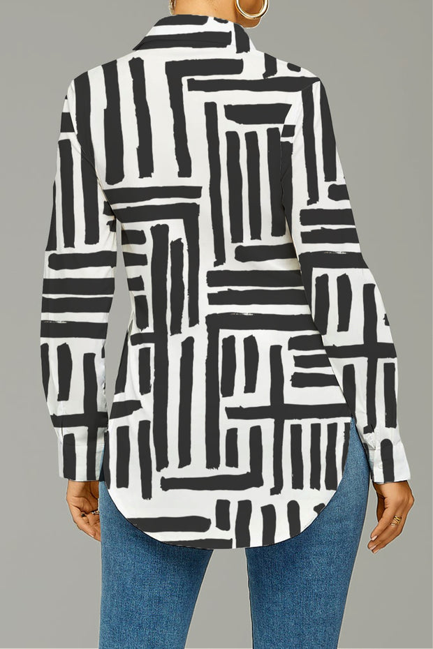 Lrregular Stripe Print Curved Hem Button-up Shirt