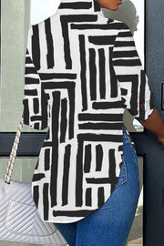 Lrregular Stripe Print Curved Hem Button-up Shirt