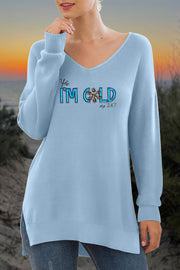 ’YES I'm Cold‘ Leopard Print V-Neck Side Split Loose Knit Pullover Sweater